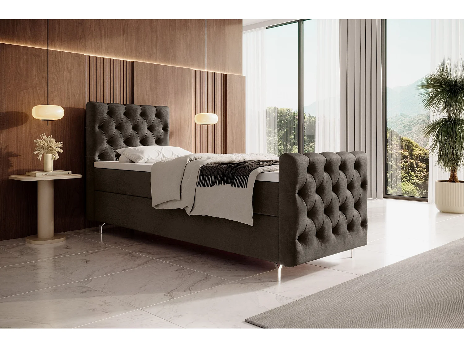 BEDANTE Boxspringbett CHESTER PLUS mit Matratze H3 und Topper 80x200 Monolith 15 Braun Bett Bettkasten Einzellbett Hotelbett Schlafzimmer Stauraum