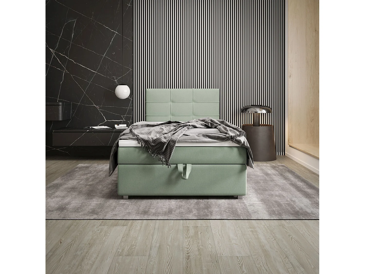 BEDANTE Boxspringbett FADO 22 80x200 Cosmic 16 Hellgrün Bett Bettkasten Einzellbett Hotelbett Topper Matratze Schlafzimmer Stauraum