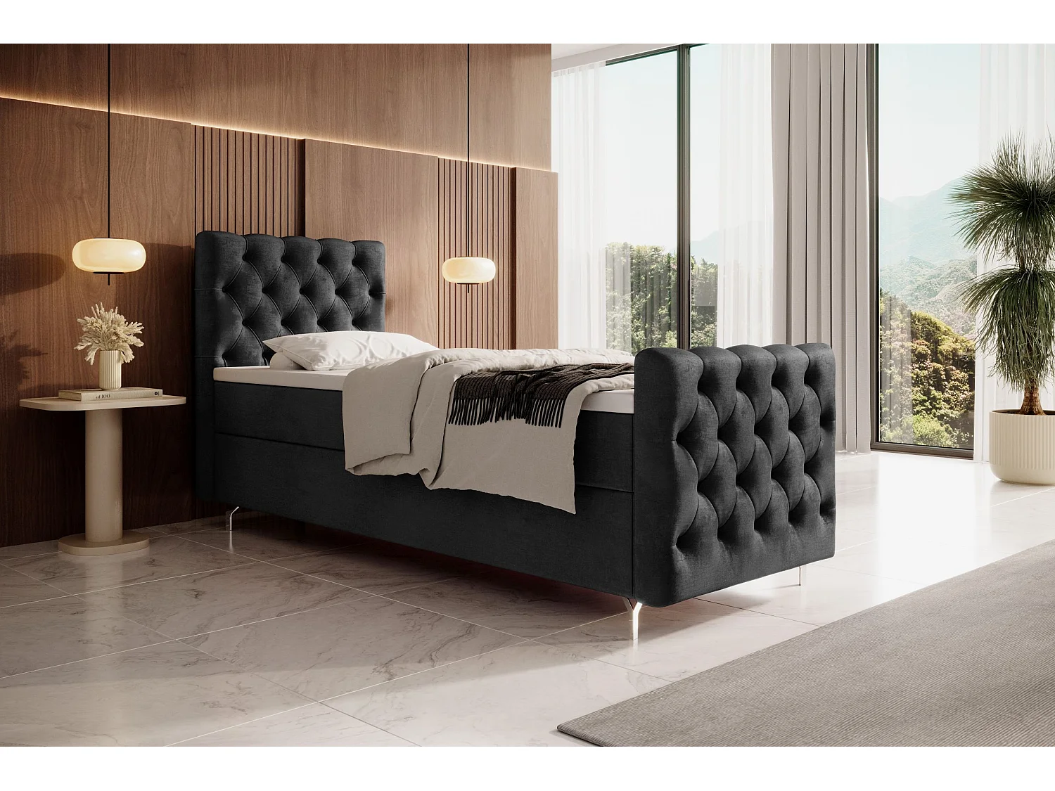 BEDANTE lit boxspring CHESTER PLUS 120x200 gris foncé avec matelas H3 et surmatelas lit avec coffre, lit simple, lit d'hôtel, chambre, avec rangement