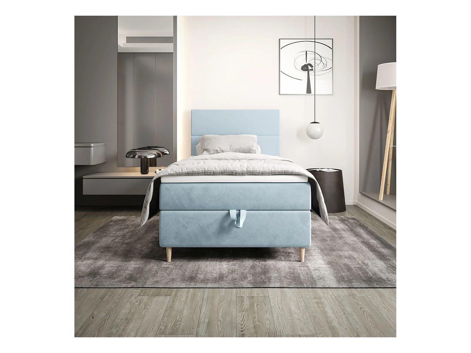 BEDANTE Lit boxspring FLO 80x200 Itaka 13 Bleu clair Lit Coffre Lit simple Lit d'hôtel Surmatelas Matelas Chambre Rangement
