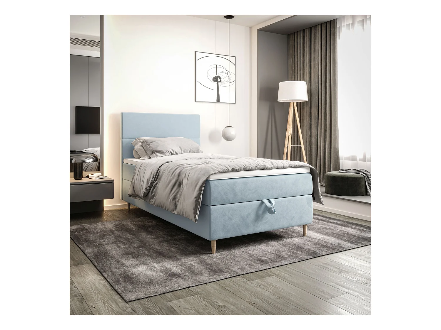 BEDANTE Boxspringbett FLO 80x200 Itaka 13 Hellblau Bett Bettkasten Einzellbett Hotelbett Topper Matratze Schlafzimmer Stauraum