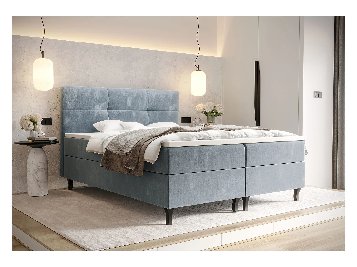 BEDANTE Lit Boxspring LIMBA 140x200 Monolith 70 Bleu clair Lit avec coffre Lit double Lit d’hôtel Surmatelas Matelas Chambre Espace de rangement