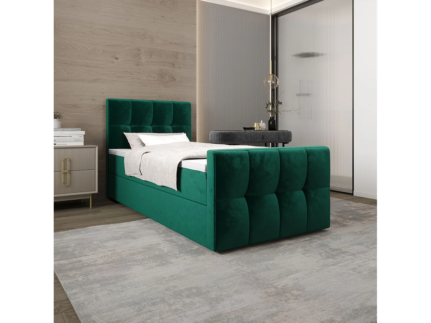 BEDANTE Lit Boxspring MANHATTAN 80x200 Monolith 37 Vert Lit avec coffre Lit simple Lit d’hôtel Surmatelas Matelas Chambre Espace de rangement