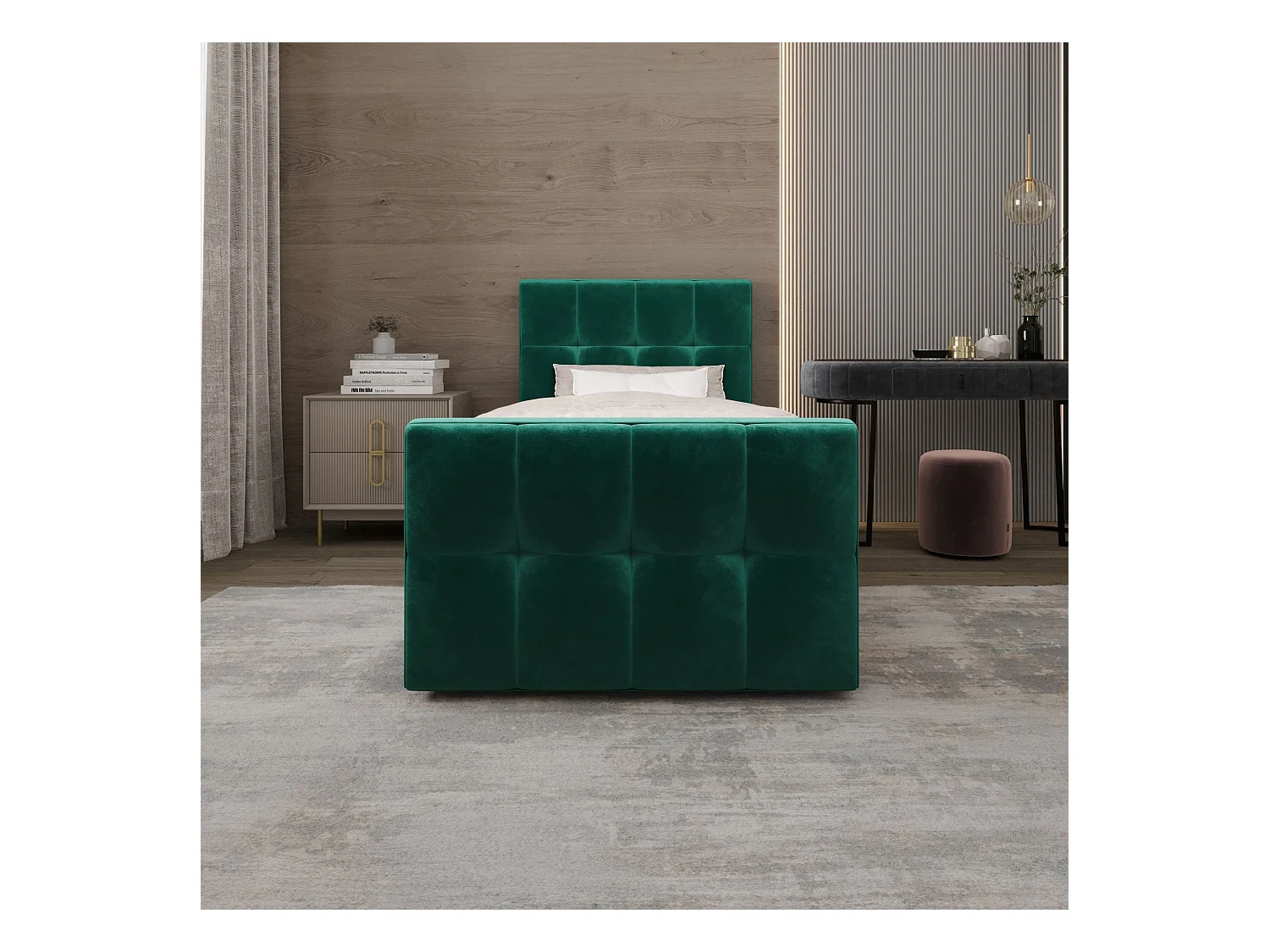 BEDANTE Lit Boxspring MANHATTAN 80x200 Monolith 37 Vert Lit avec coffre Lit simple Lit d’hôtel Surmatelas Matelas Chambre Espace de rangement