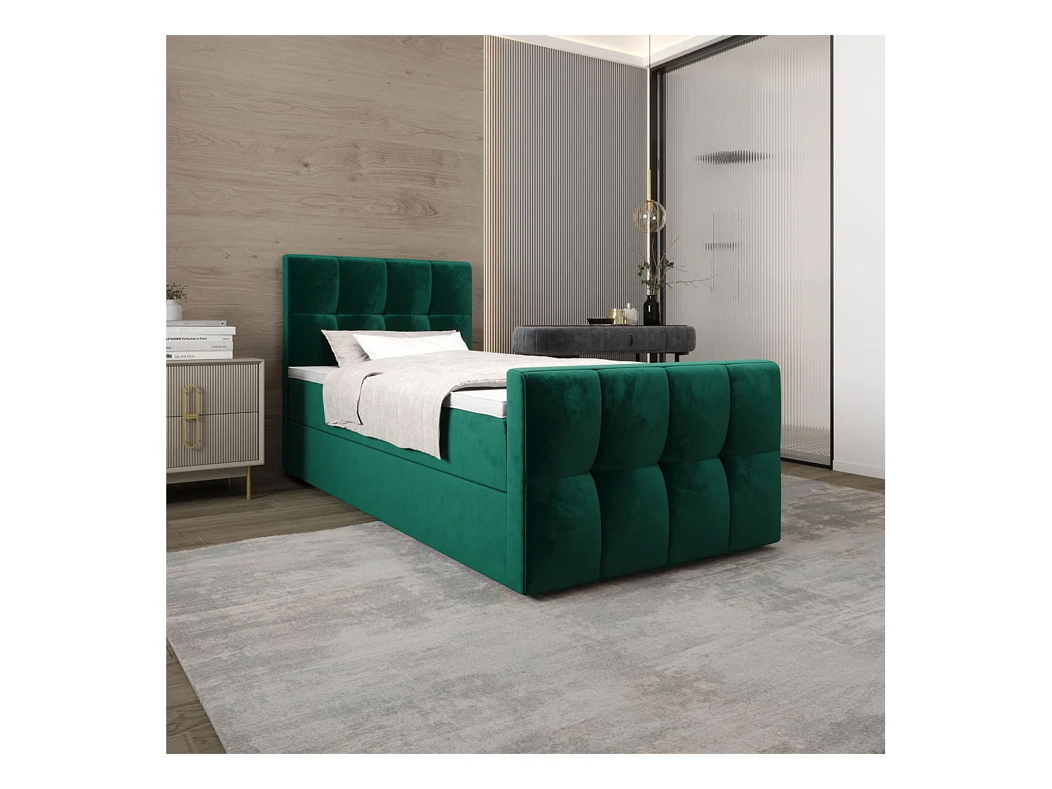 BEDANTE Boxspringbett MANHATTAN 80x200 Monolith 37 Grün Bett Bettkasten Einzellbett Hotelbett Topper Matratze Schlafzimmer Stauraum