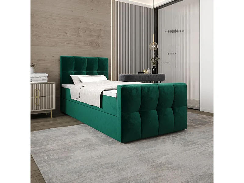 BEDANTE Boxspringbed MANHATTAN 80x200 Monolith 37 Groen Bed met opbergruimte Eenpersoonsbed Hotelbed Topper Matras Slaapkamer Opbergruimte