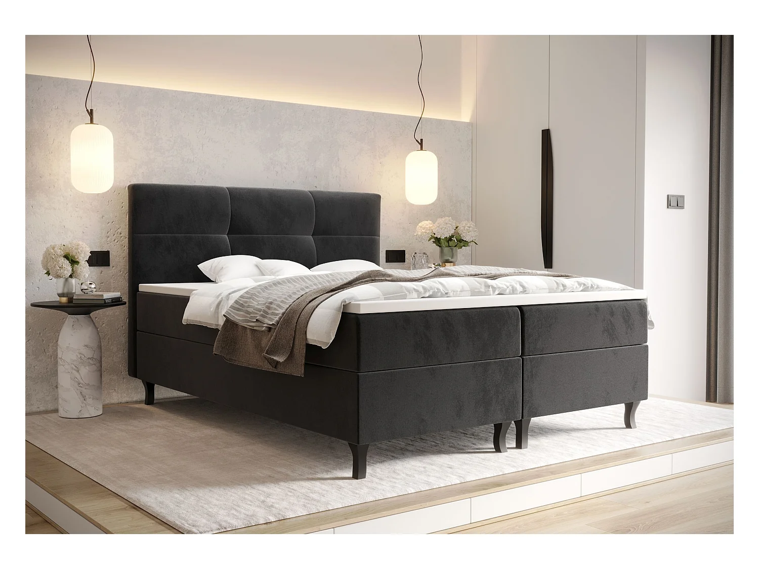 BEDANTE Lit Boxspring LIMBA 160x200 Monolith 97 Gris foncé Lit avec coffre Lit double Lit d’hôtel Surmatelas Matelas Chambre Espace de rangement