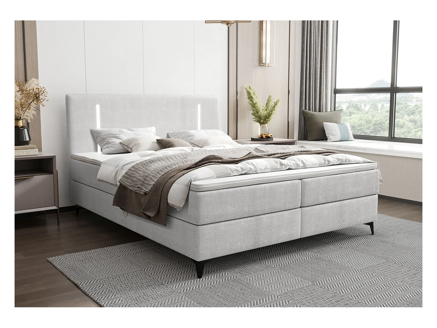 BEDANTE lit boxspring ONO 160x200 CURIO 80 gris clair lit coffre de lit lit double lit d'hôtel surmatelas matelas chambre à coucher rangement