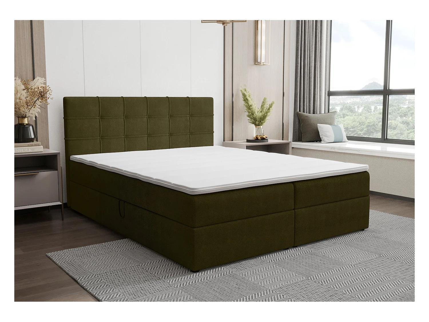 BEDANTE Lit boxspring KIDA 160x200 Curio 39 Vert foncé Lit Litkasten Lit double Lit d'hôtel Chambre à coucher Espace de rangement