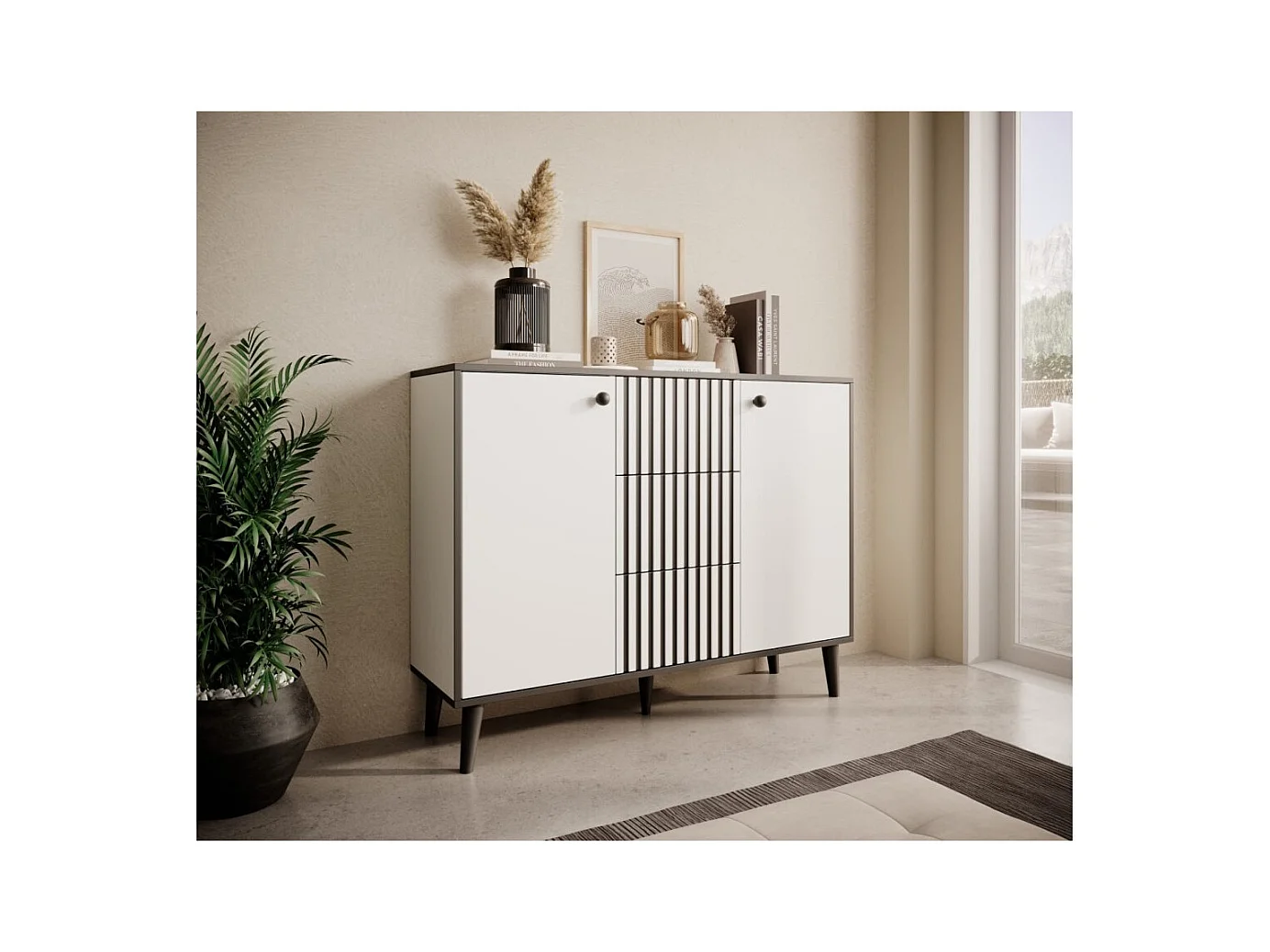 Sideboard Dafi/Schubladen/Drehtüren/Möbelplatte/Weiss