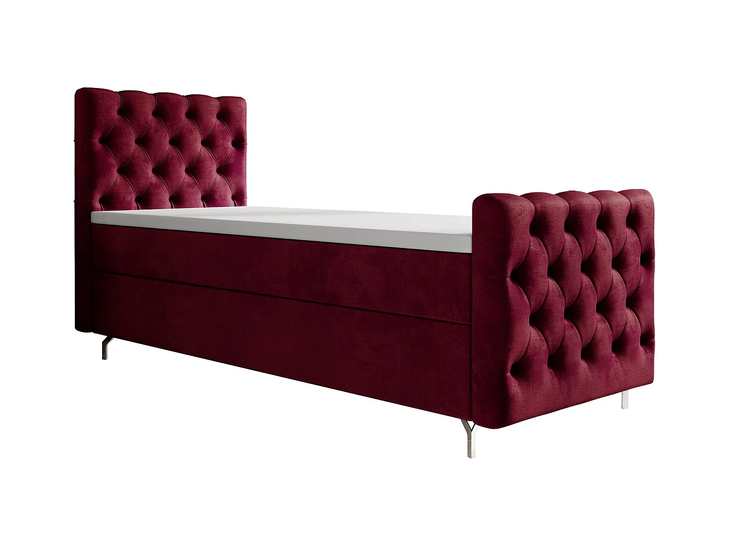 BEDANTE lit boxspring CHESTER PLUS 120x200 rouge avec matelas H3 et surmatelas lit avec coffre, lit simple, lit d'hôtel, chambre, avec rangement