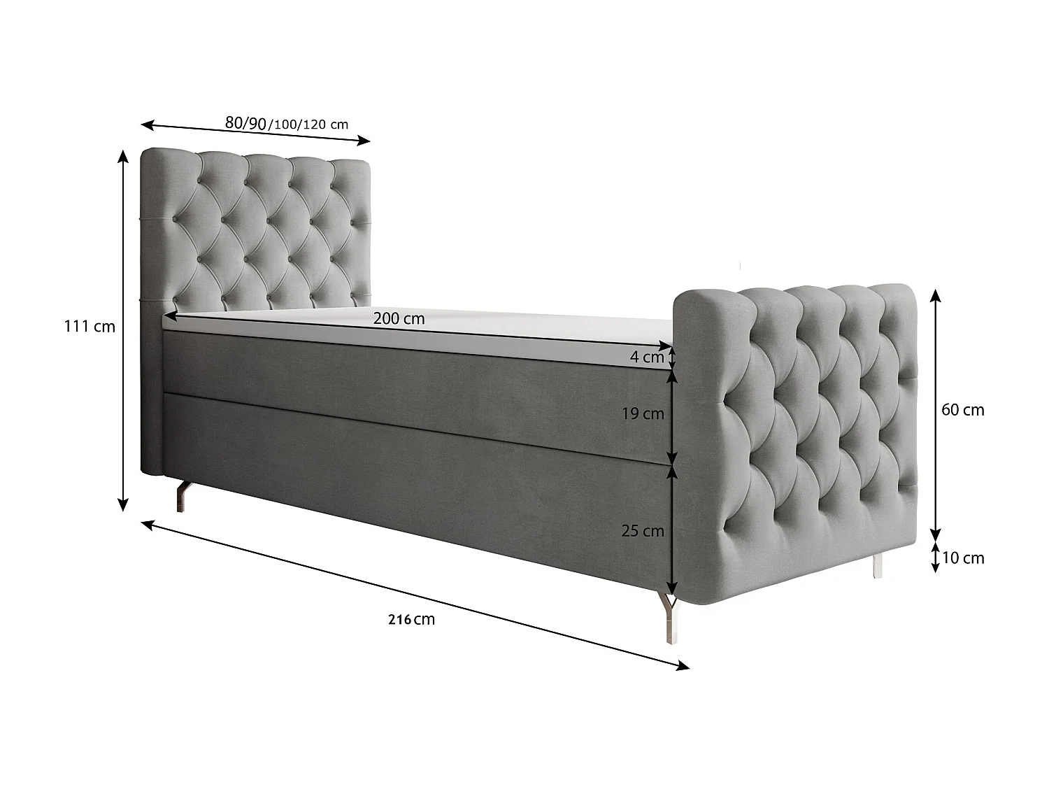 BEDANTE lit boxspring CHESTER PLUS 120x200 rouge avec matelas H3 et surmatelas lit avec coffre, lit simple, lit d'hôtel, chambre, avec rangement