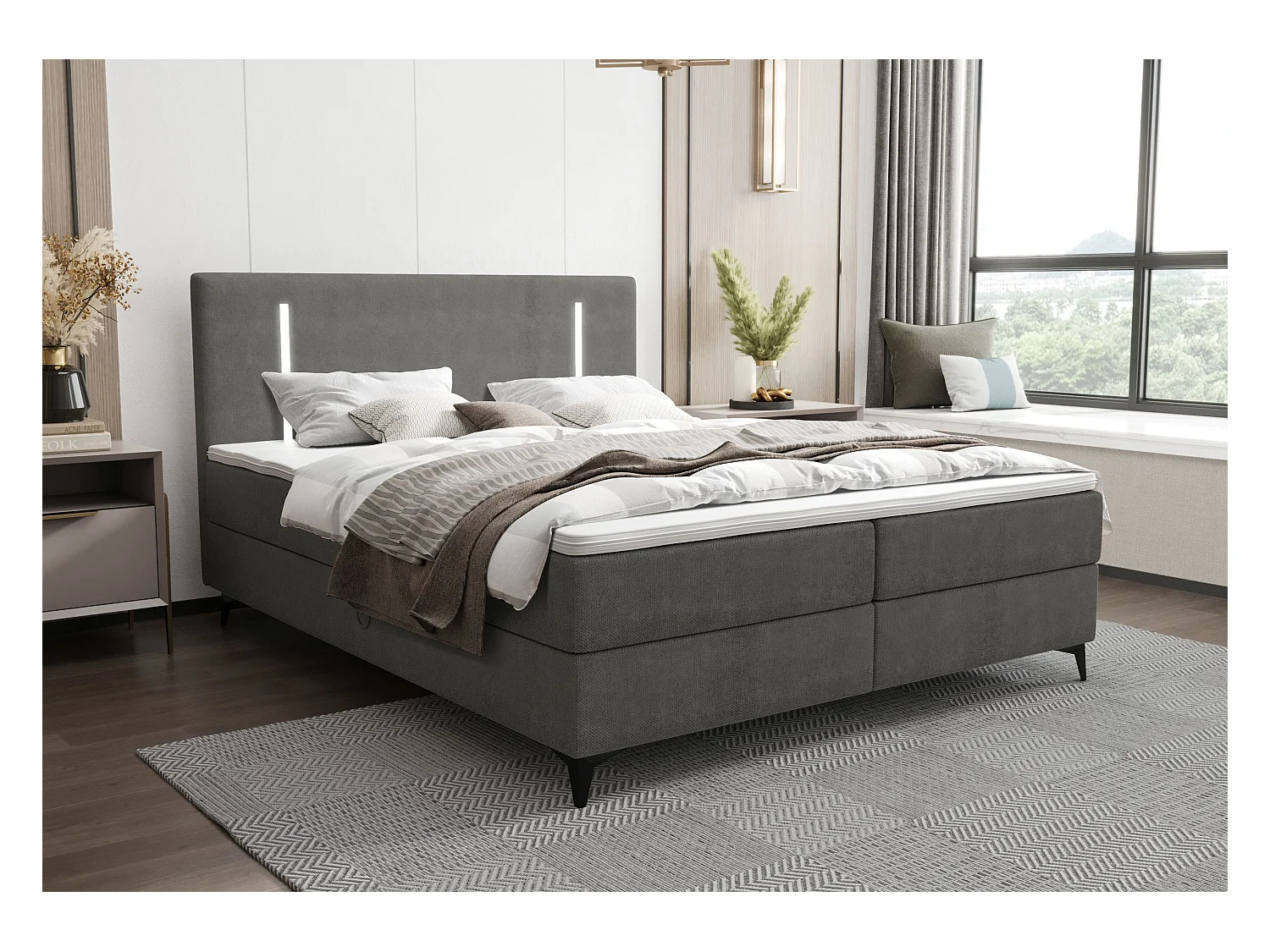 BEDANTE lit boxspring ONO 140x200 CURIO 93 gris lit coffre de lit lit double lit d'hôtel surmatelas matelas chambre à coucher rangement