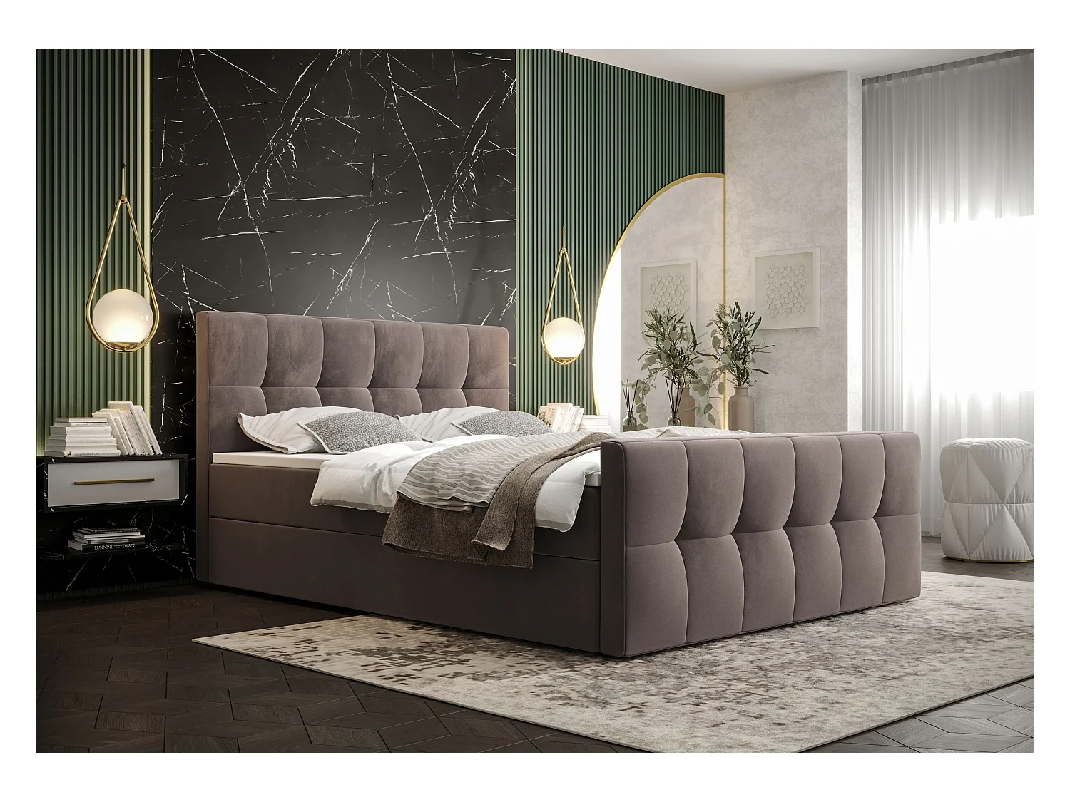 BEDANTE Lit boxspring MANHATTAN 160x200 Monolith 15 Brun Lit Coffre Lit double Lit d’hôtel Surmatelas Matelas Chambre Rangement