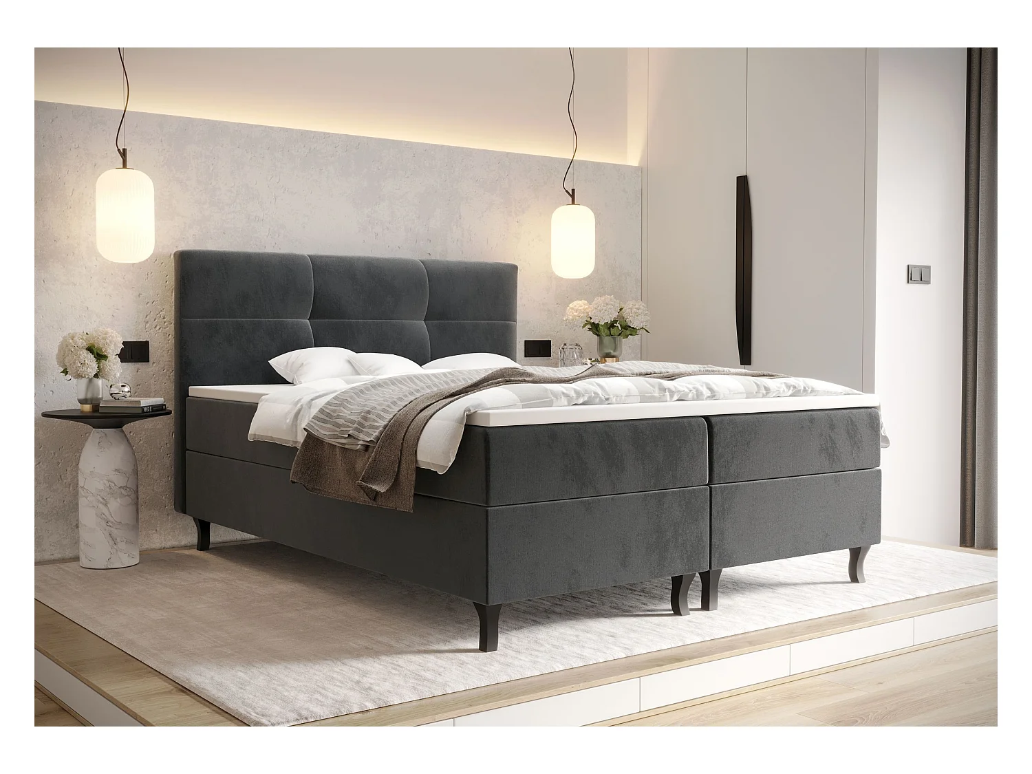 BEDANTE Boxspringbett LIMBA 160x200 Monolith 92 Grau Bett Bettkasten Ehebett Hotelbett Topper Matratze Schlafzimmer Stauraum