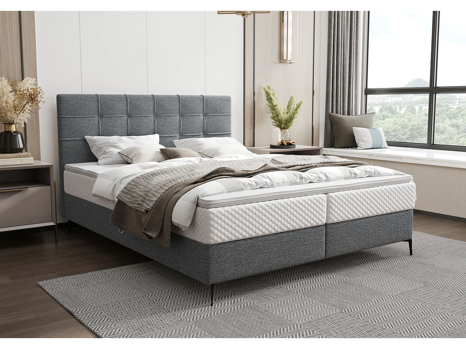 BEDANTE Boxspringbett INAO 180x200 ARAGON 93 Dunkelgrau Bett Bettkasten Ehebett Hotelbett Topper Matratze Schlafzimmer Stauraum