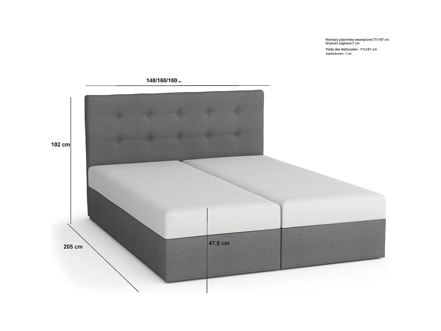 BEDANTE Lit boxspring DUO 2 160x200 Cosmic 100 Noir Lit Coffre Lit double Lit d'hôtel Surmatelas Matelas Chambre Rangement