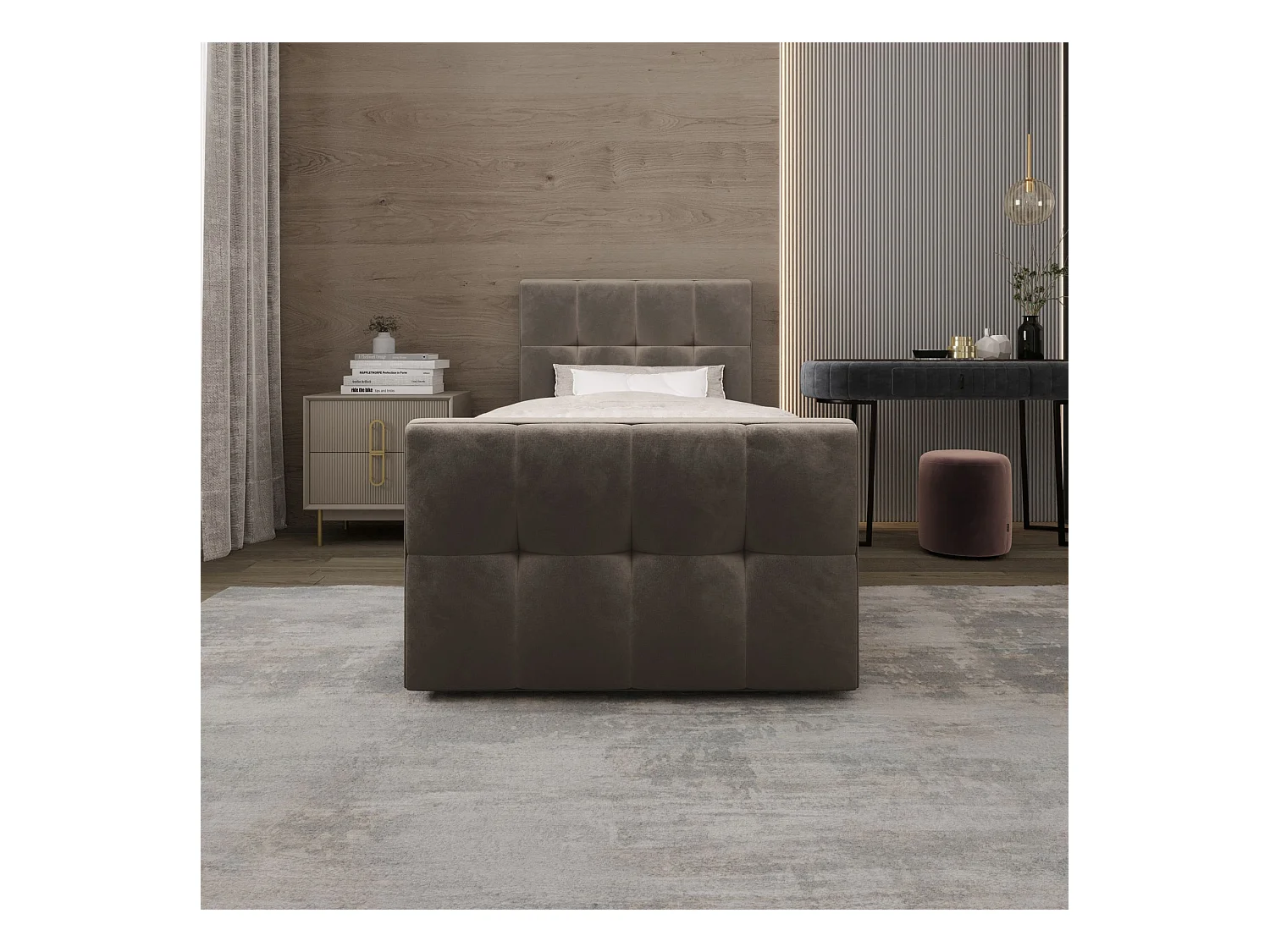 BEDANTE Lit Boxspring MANHATTAN 80x200 Monolith 15 Brun Lit avec coffre Lit simple Lit d’hôtel Surmatelas Matelas Chambre Espace de rangement