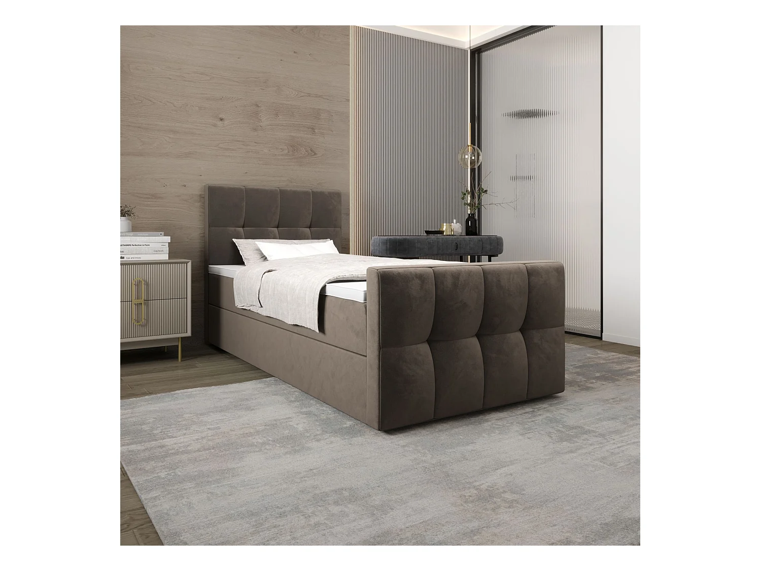 BEDANTE Boxspringbett MANHATTAN 80x200 Monolith 15 Braun Bett Bettkasten Einzellbett Hotelbett Topper Matratze Schlafzimmer Stauraum