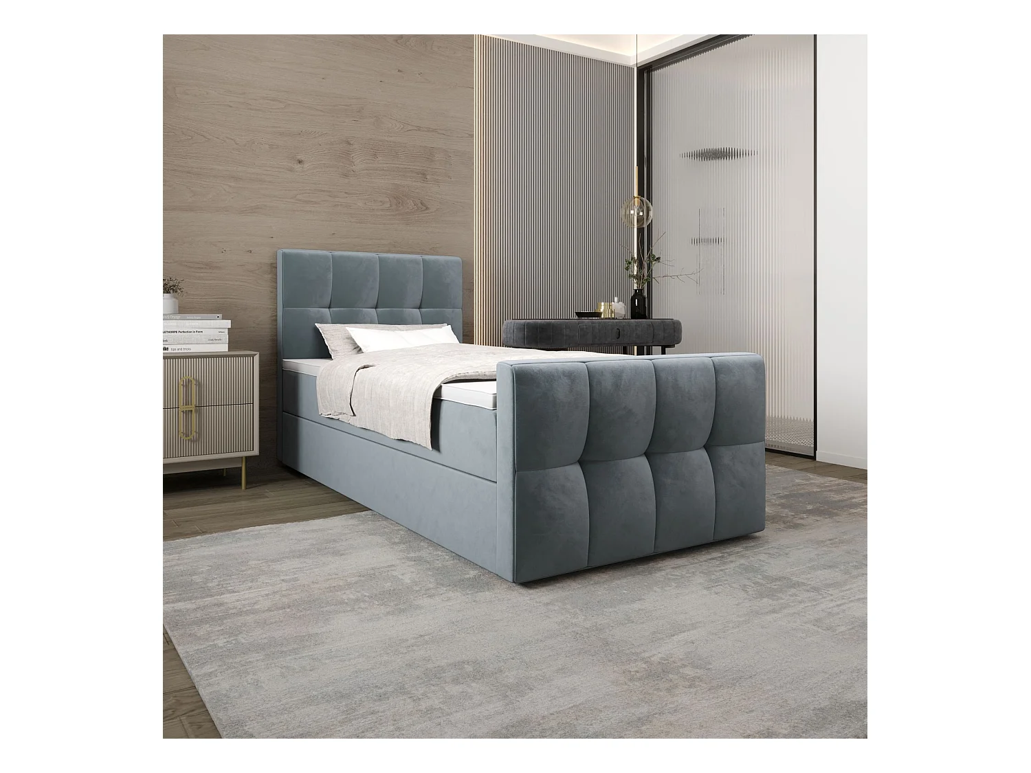BEDANTE Lit Boxspring MANHATTAN 80x200 Monolith 72 Bleu Lit avec coffre Lit simple Lit d’hôtel Surmatelas Matelas Chambre Espace de rangement