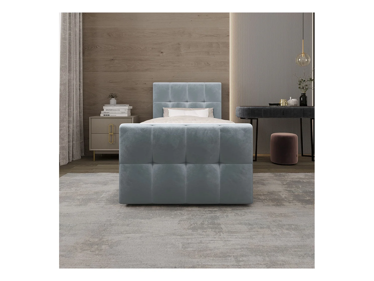 BEDANTE Lit Boxspring MANHATTAN 80x200 Monolith 72 Bleu Lit avec coffre Lit simple Lit d’hôtel Surmatelas Matelas Chambre Espace de rangement