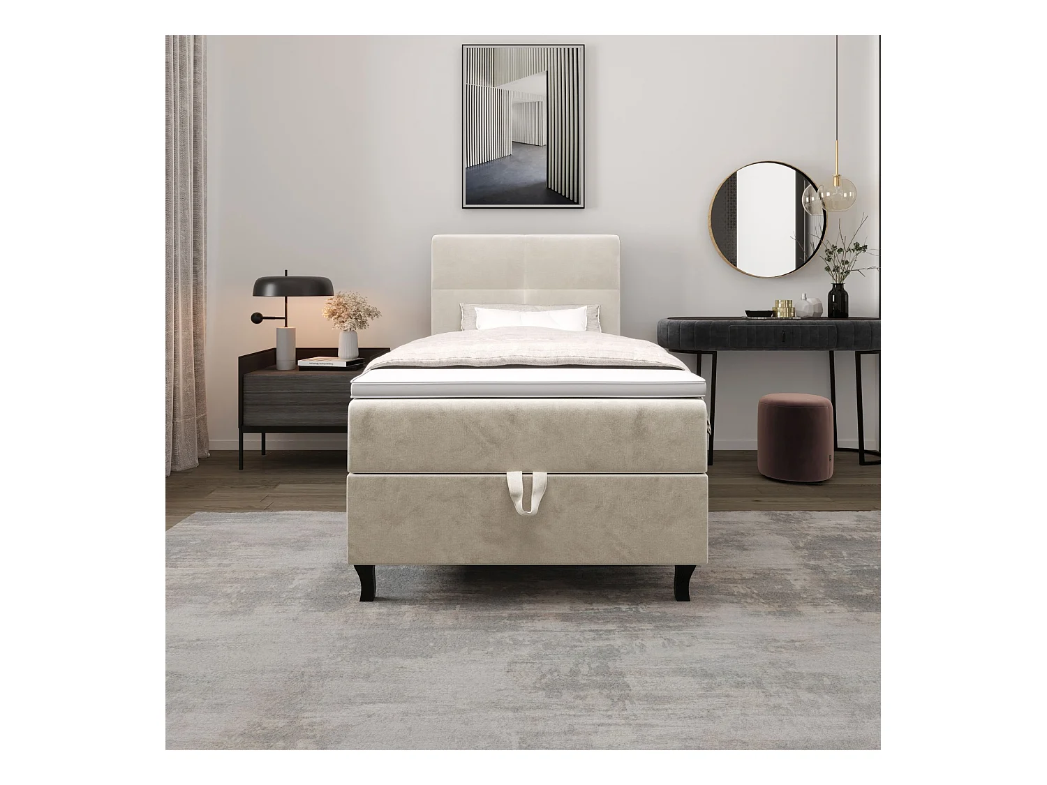 BEDANTE Lit Boxspring LIMBA 80x200 Monolith 02 Crème Lit avec coffre Lit simple Lit d’hôtel Surmatelas Matelas Chambre Espace de rangement