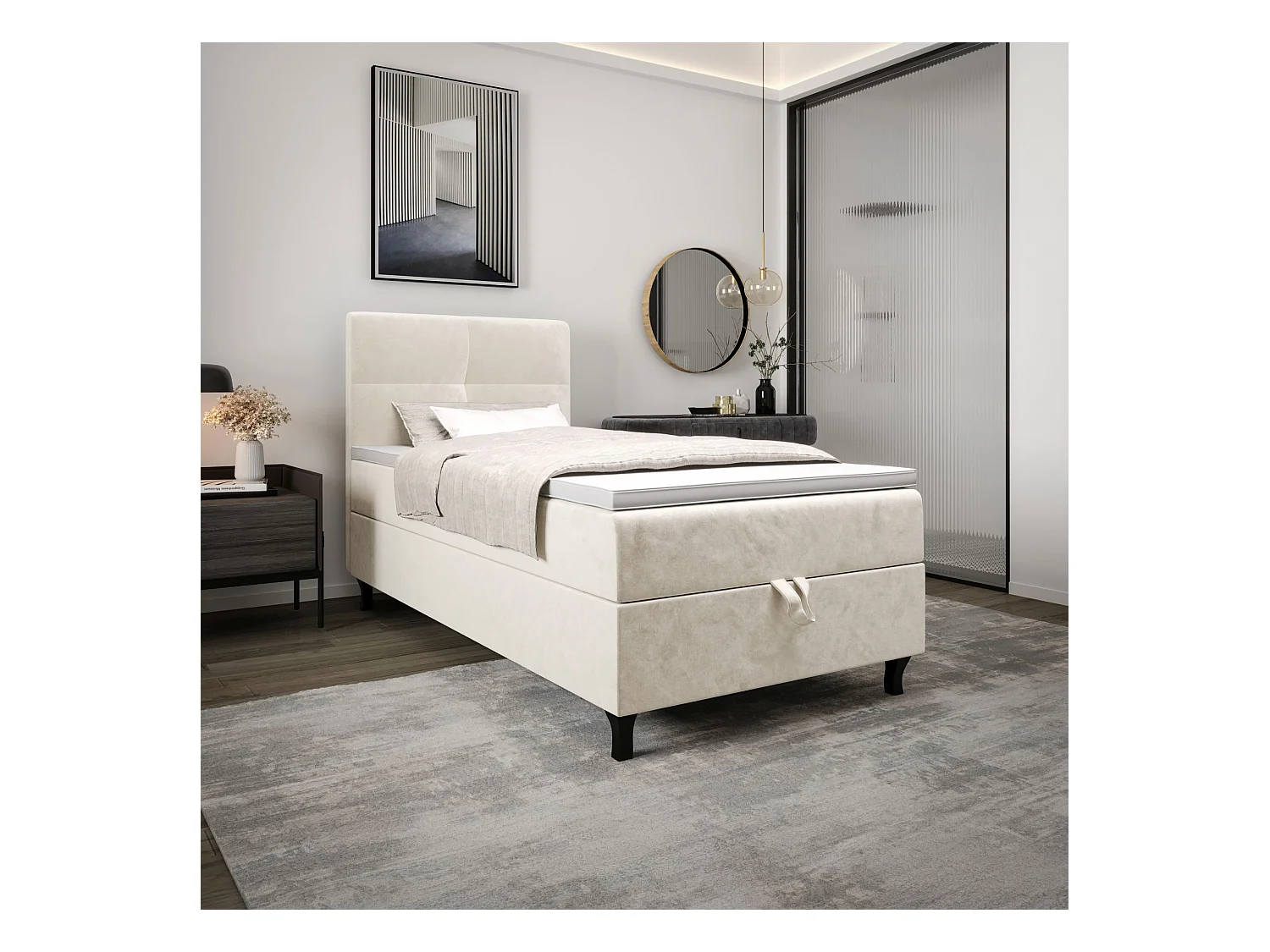 BEDANTE Boxspringbett LIMBA 80x200 Monolith 02 Creme Bett Bettkasten Einzellbett Hotelbett Topper Matratze Schlafzimmer Stauraum