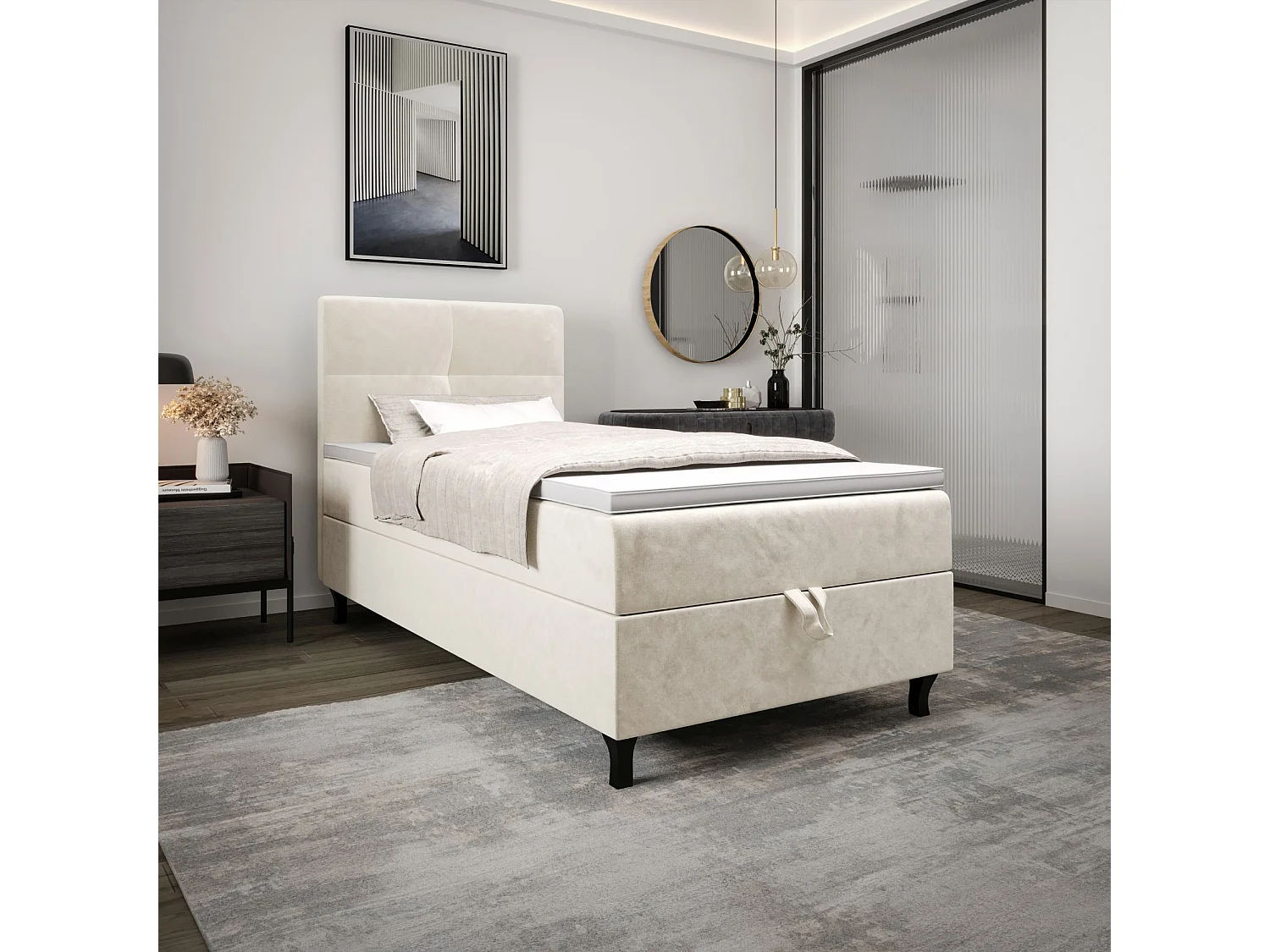 BEDANTE Boxspringbett LIMBA 80x200 Monolith 02 Creme Bett Bettkasten Einzellbett Hotelbett Topper Matratze Schlafzimmer Stauraum