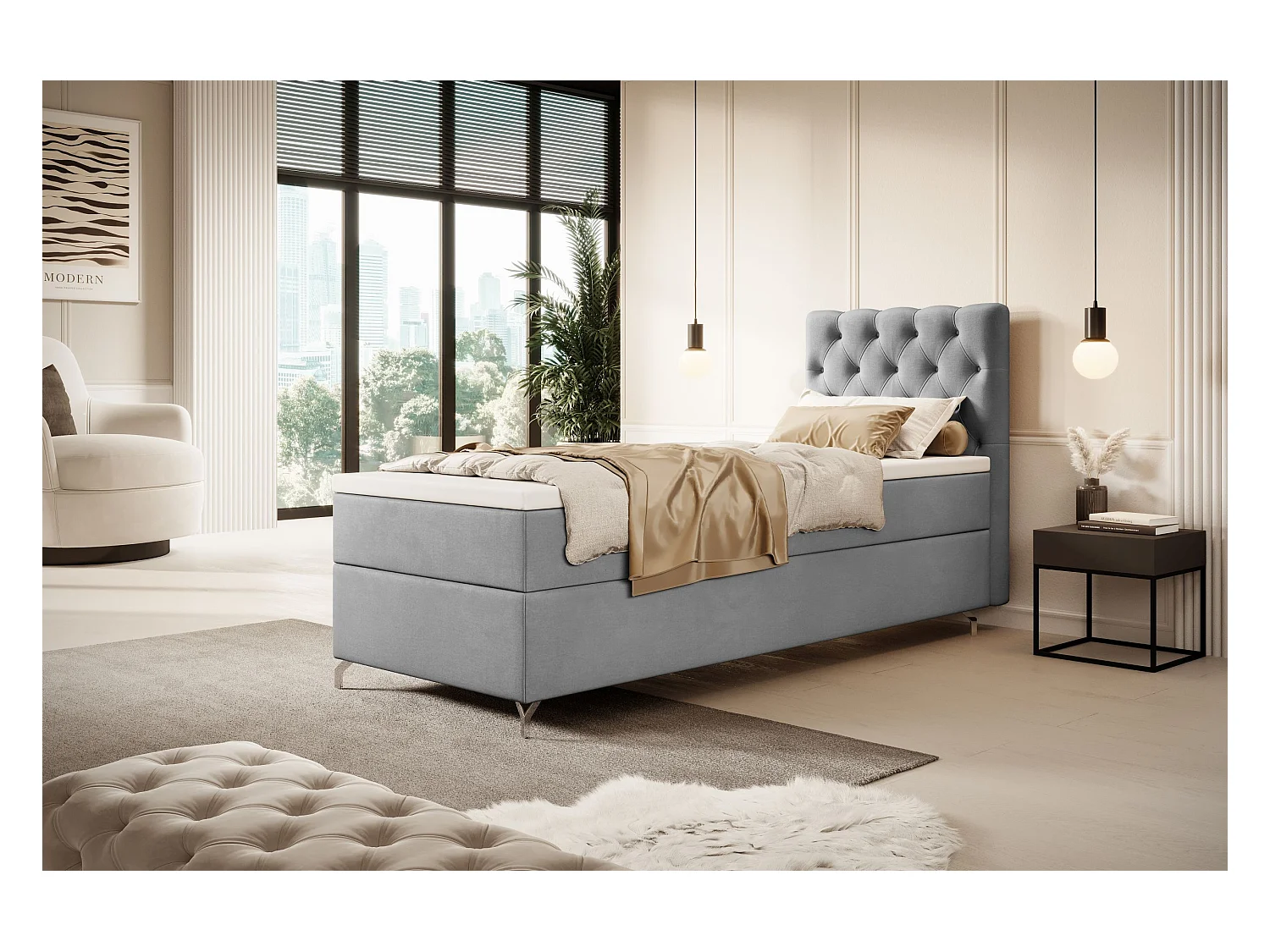 BEDANTE Boxspringbett CHESTER mit Matratze H3 und Topper 100x200 Monolith 84 Hellgrau Bett Bettkasten Einzellbett Hotelbett Schlafzimmer Stauraum