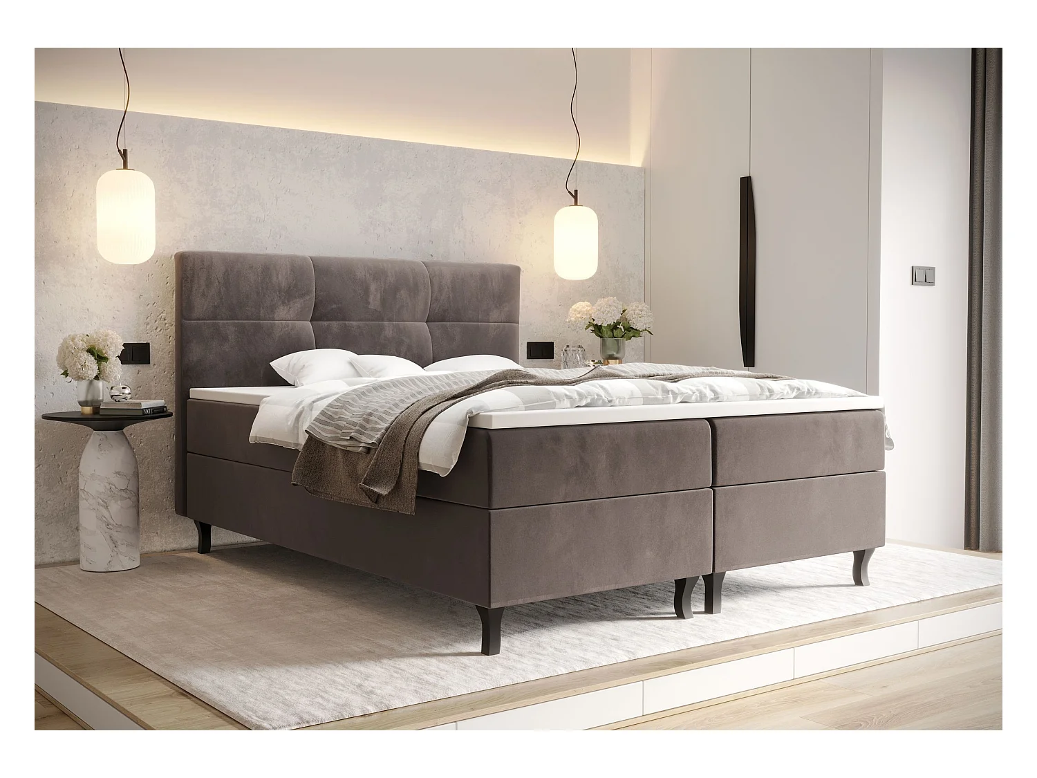 BEDANTE Lit Boxspring LIMBA 140x200 Monolith 15 Brun Lit avec coffre Lit double Lit d’hôtel Surmatelas Matelas Chambre Espace de rangement