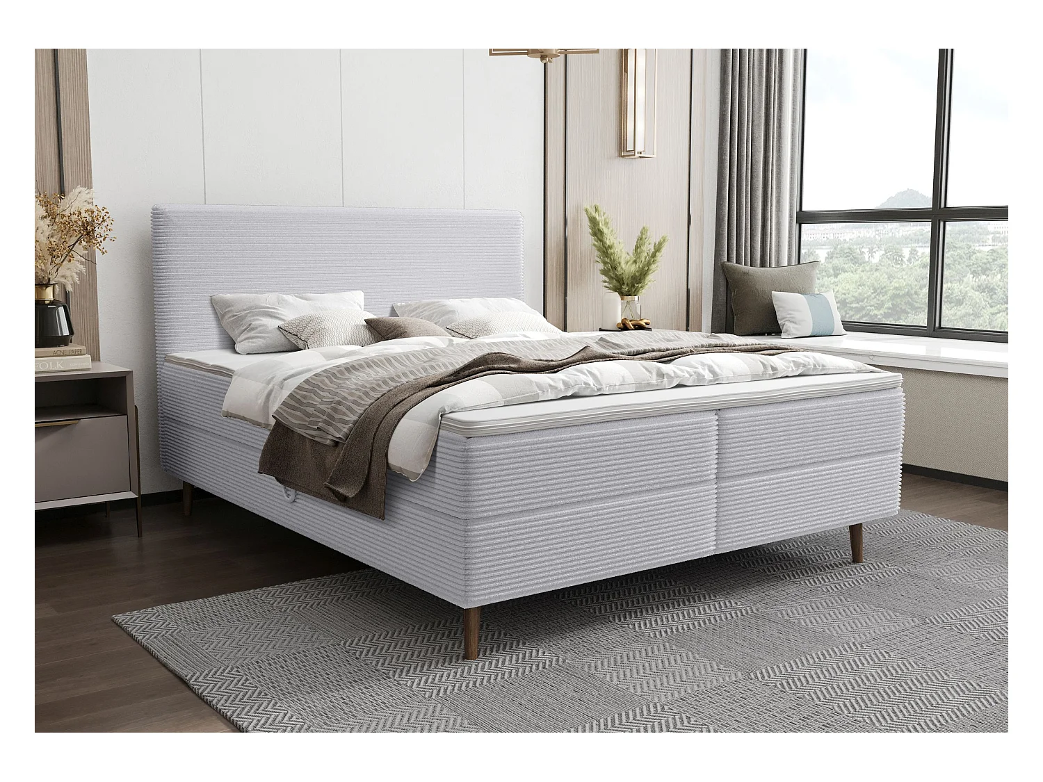 BEDANTE lit boxspring NARA 140x200 POSO 110 gris clair lit coffre de lit lit double lit d'hôtel surmatelas matelas chambre à coucher rangement