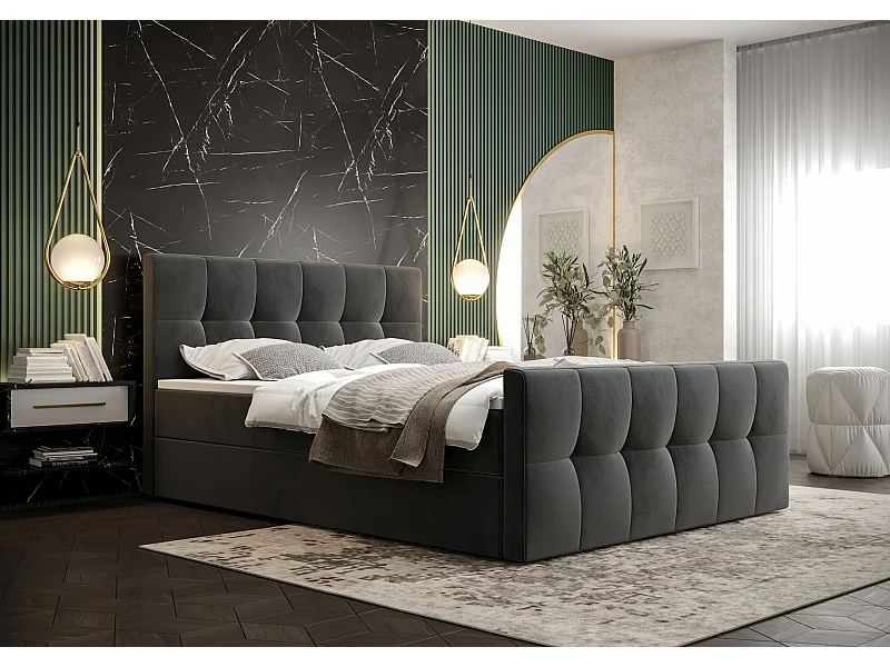 BEDANTE Lit boxspring MANHATTAN 140x200 Monolith 92 Gris Lit Coffre Lit double Lit d’hôtel Surmatelas Matelas Chambre Rangement