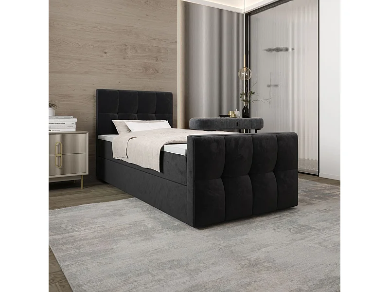 BEDANTE Lit Boxspring MANHATTAN 80x200 Monolith 97 Gris foncé Lit avec coffre Lit simple Lit d’hôtel Surmatelas Matelas Chambre Espace de rangement