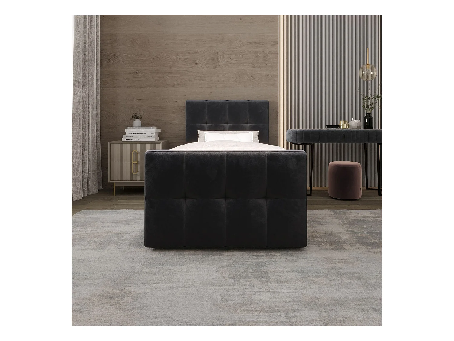 BEDANTE Lit Boxspring MANHATTAN 80x200 Monolith 97 Gris foncé Lit avec coffre Lit simple Lit d’hôtel Surmatelas Matelas Chambre Espace de rangement