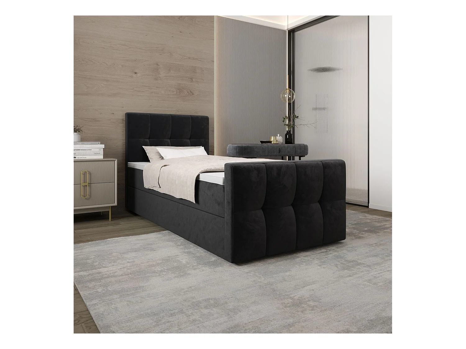 BEDANTE Boxspringbett MANHATTAN 80x200 Monolith 97 Dunkelgrau Bett Bettkasten Einzellbett Hotelbett Topper Matratze Schlafzimmer Stauraum