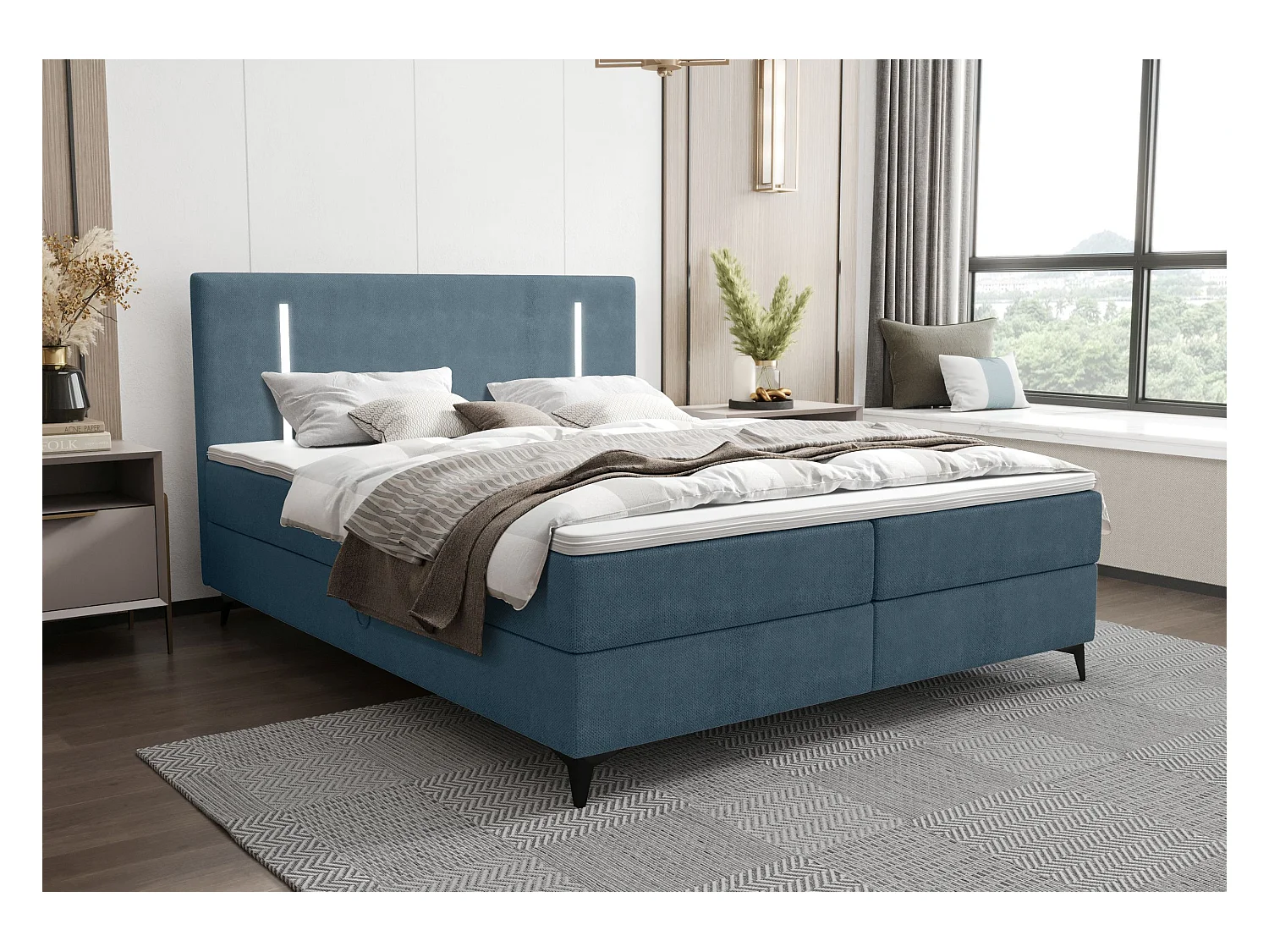 BEDANTE lit boxspring ONO 140x200 CURIO 74 bleu lit coffre de lit lit double lit d'hôtel surmatelas matelas chambre à coucher rangement