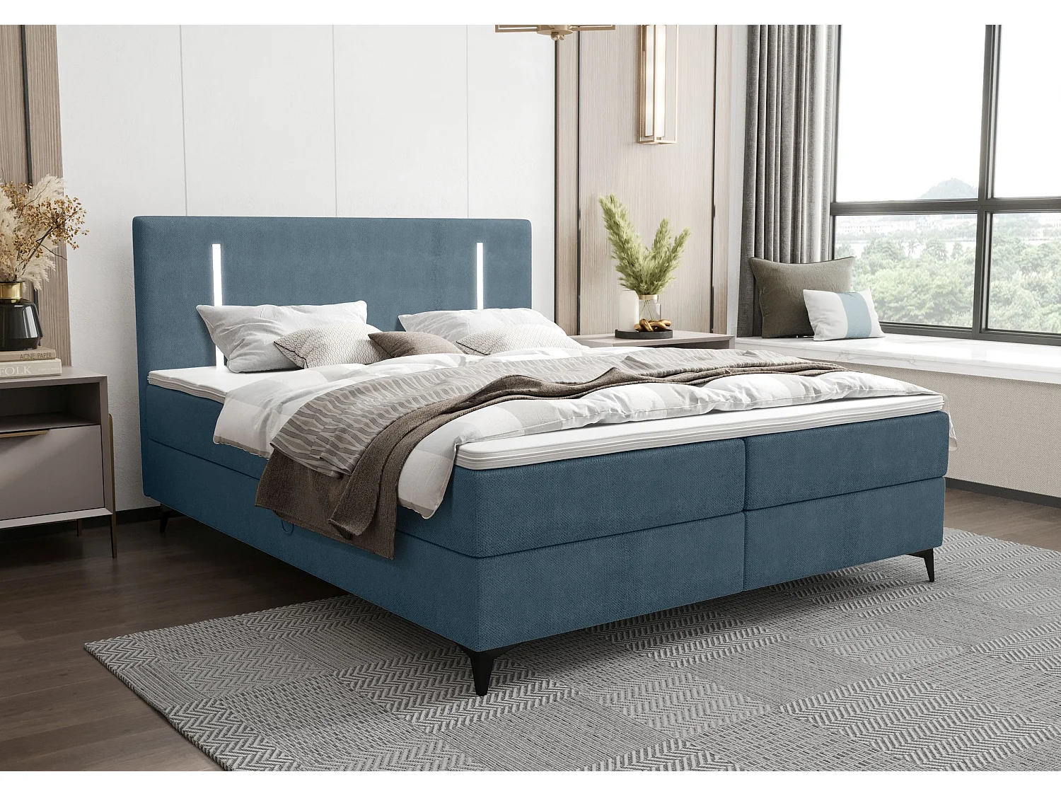 BEDANTE lit boxspring ONO 140x200 CURIO 74 bleu lit coffre de lit lit double lit d'hôtel surmatelas matelas chambre à coucher rangement