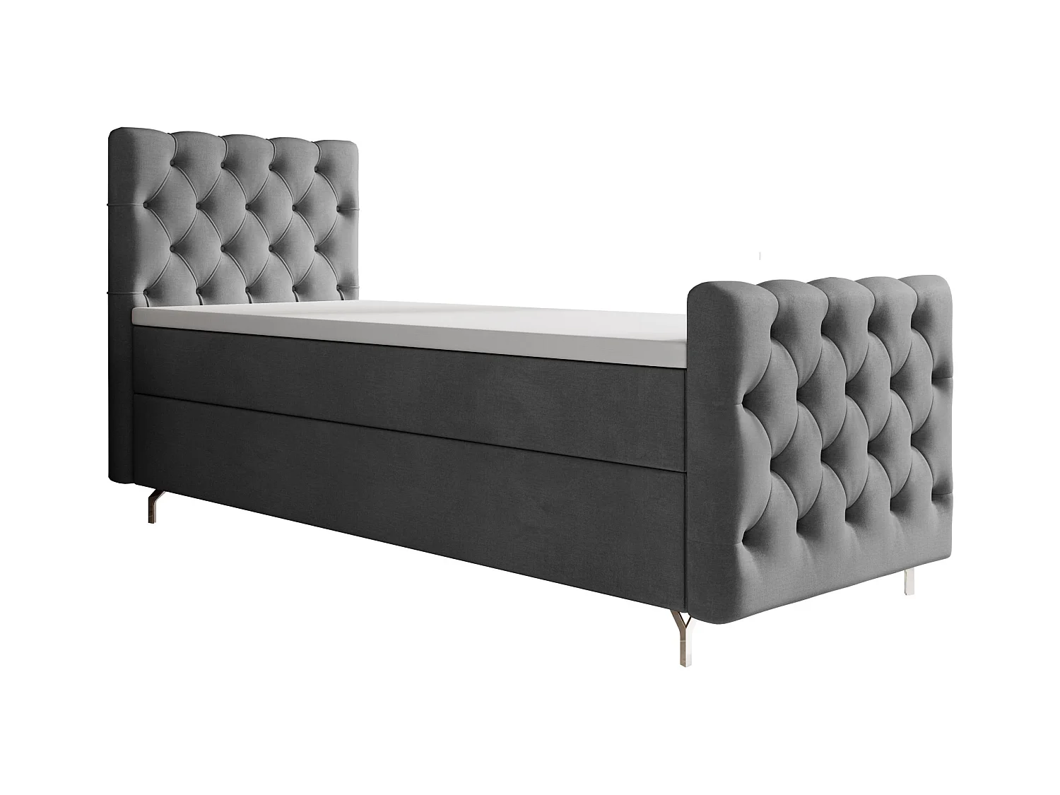BEDANTE Boxspringbett CHESTER PLUS mit Matratze H3 und Topper 90x200 Monolith 92 Grau Bett Bettkasten Einzellbett Hotelbett Schlafzimmer Stauraum