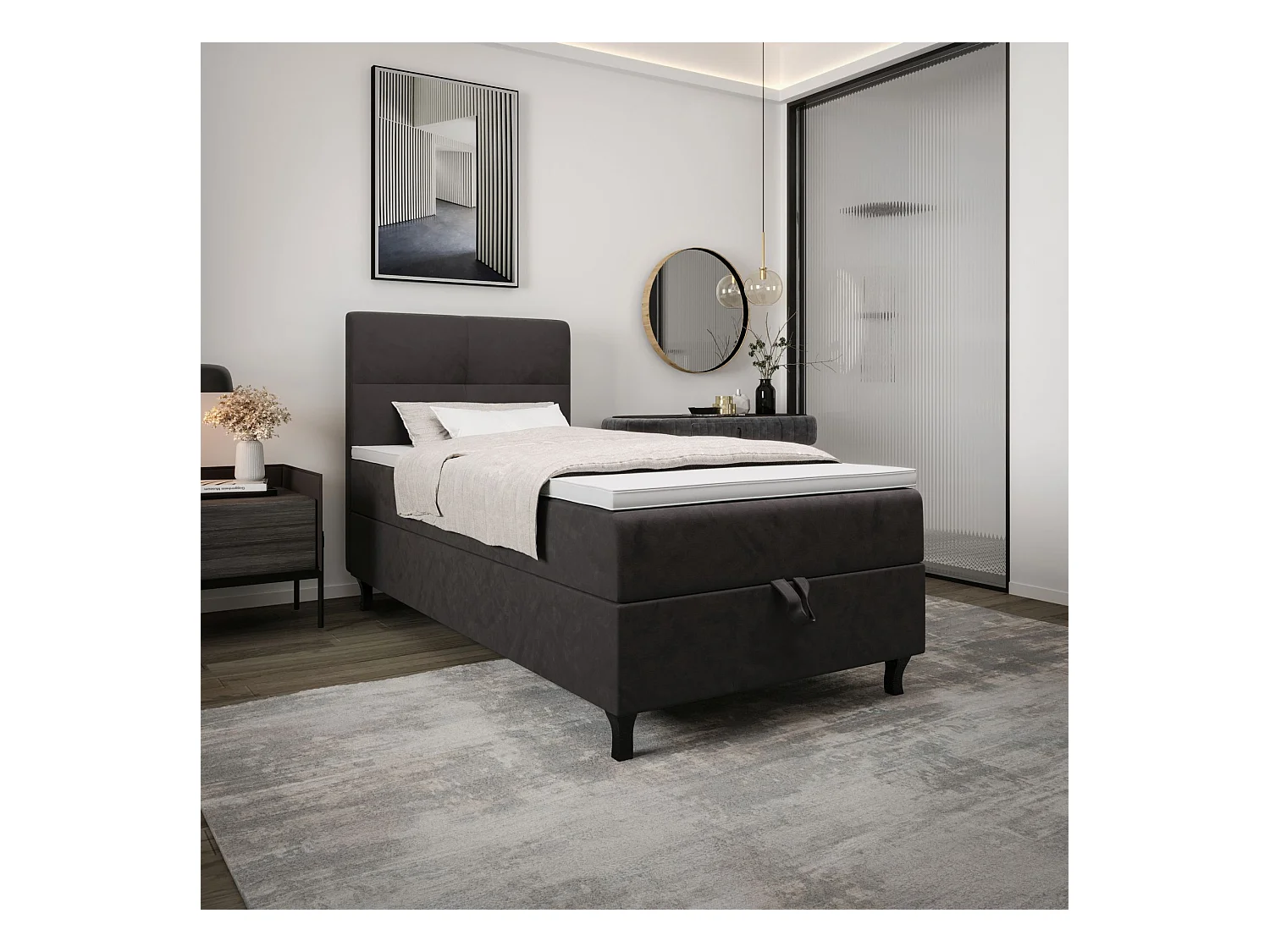 BEDANTE Lit Boxspring LIMBA 80x200 Monolith 92 Gris Lit avec coffre Lit simple Lit d’hôtel Surmatelas Matelas Chambre Espace de rangement