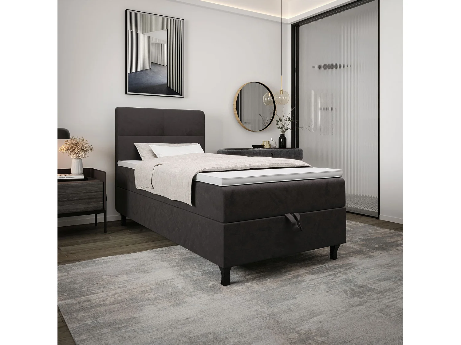 BEDANTE Boxspringbett LIMBA 80x200 Monolith 92 Grau Bett Bettkasten Einzellbett Hotelbett Topper Matratze Schlafzimmer Stauraum