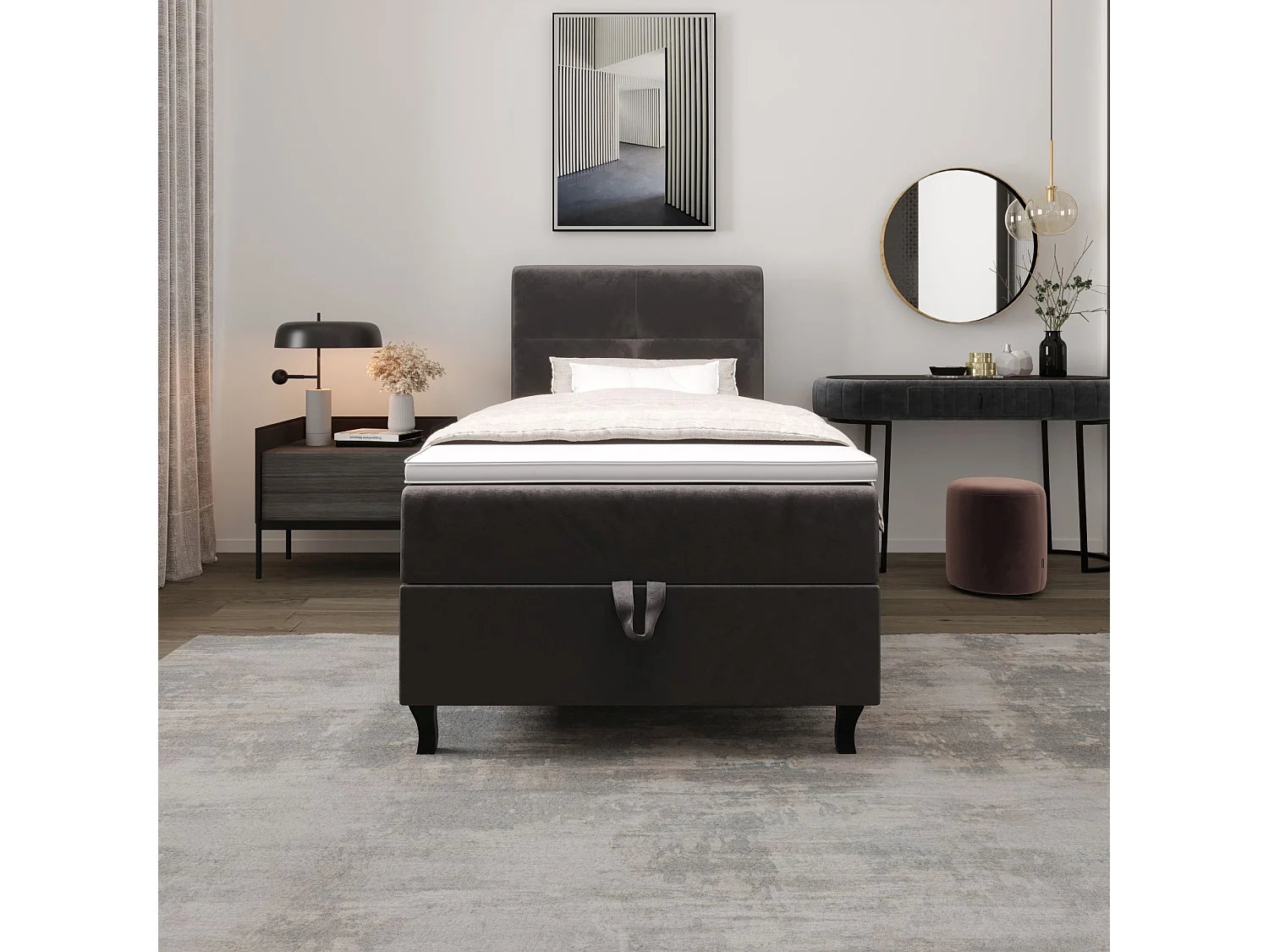 BEDANTE Boxspringbett LIMBA 80x200 Monolith 92 Grau Bett Bettkasten Einzellbett Hotelbett Topper Matratze Schlafzimmer Stauraum