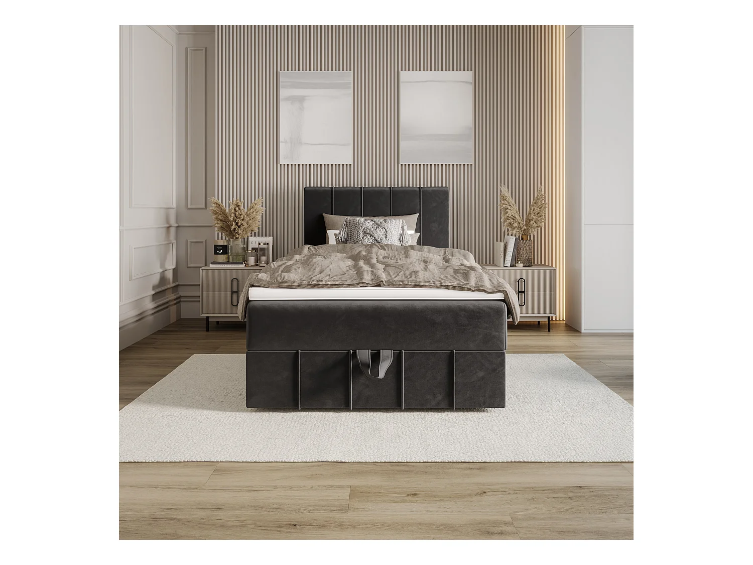 BEDANTE lit boxspring BAHAMA 80x200 Monolith 92 gris lit avec coffre lit simple lit d’hôtel surmatelas matelas chambre espace de rangement