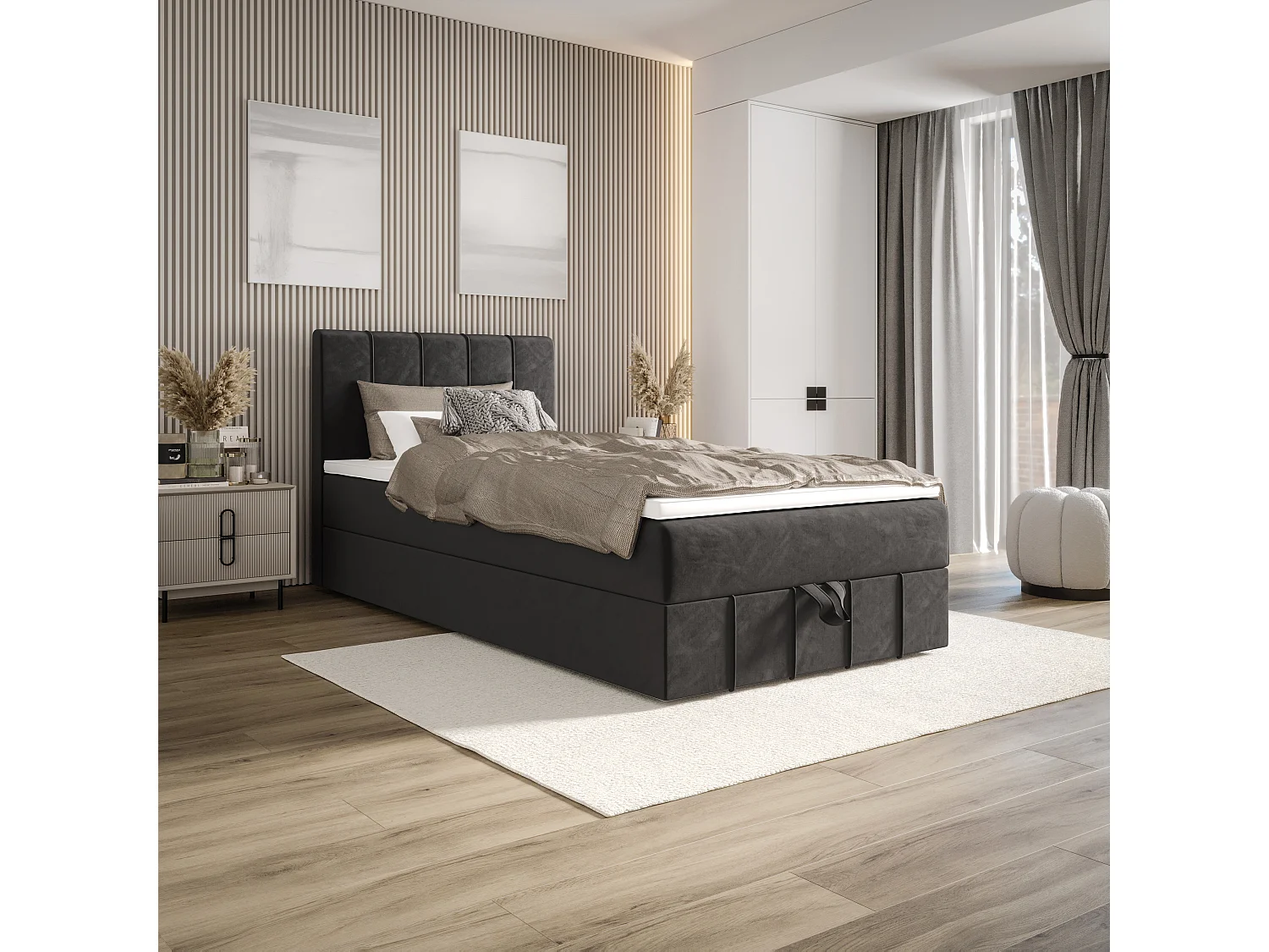 BEDANTE lit boxspring BAHAMA 80x200 Monolith 92 gris lit avec coffre lit simple lit d’hôtel surmatelas matelas chambre espace de rangement