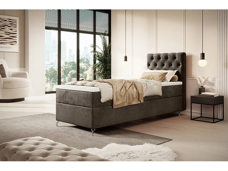 BEDANTE Boxspringbett CHESTER mit Matratze H3 und Topper 100x200 Monolith 15 Braun Bett Bettkasten Einzellbett Hotelbett Schlafzimmer Stauraum