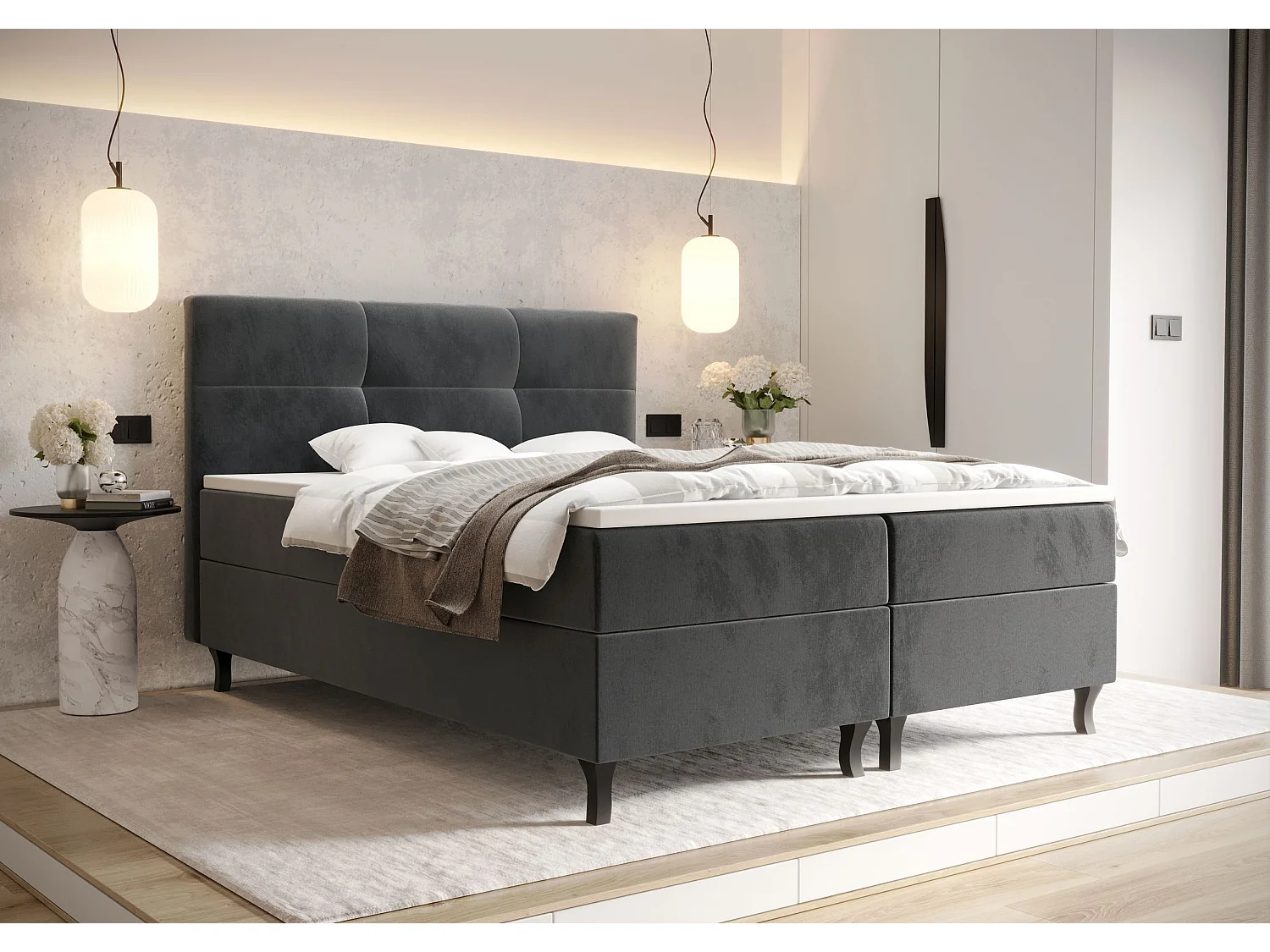 BEDANTE Boxspringbett LIMBA 180x200 Monolith 92 Grau Bett Bettkasten Ehebett Hotelbett Topper Matratze Schlafzimmer Stauraum