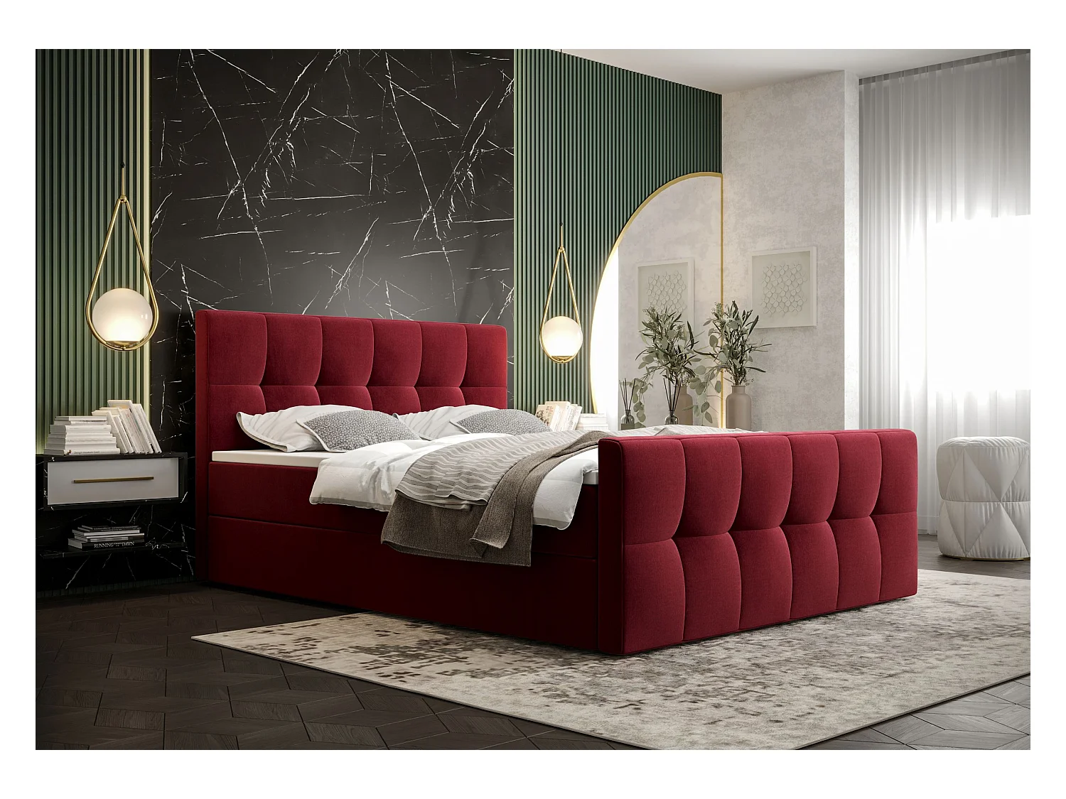 BEDANTE Lit boxspring MANHATTAN 180x200 Monolith 59 Rouge Lit Coffre Lit double Lit d’hôtel Surmatelas Matelas Chambre Rangement