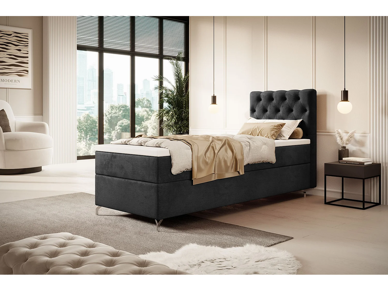 BEDANTE Boxspringbett CHESTER mit Matratze H3 und Topper 90x200 Monolith 97 Dunkelgrau Bett Bettkasten Einzellbett Hotelbett Schlafzimmer Stauraum