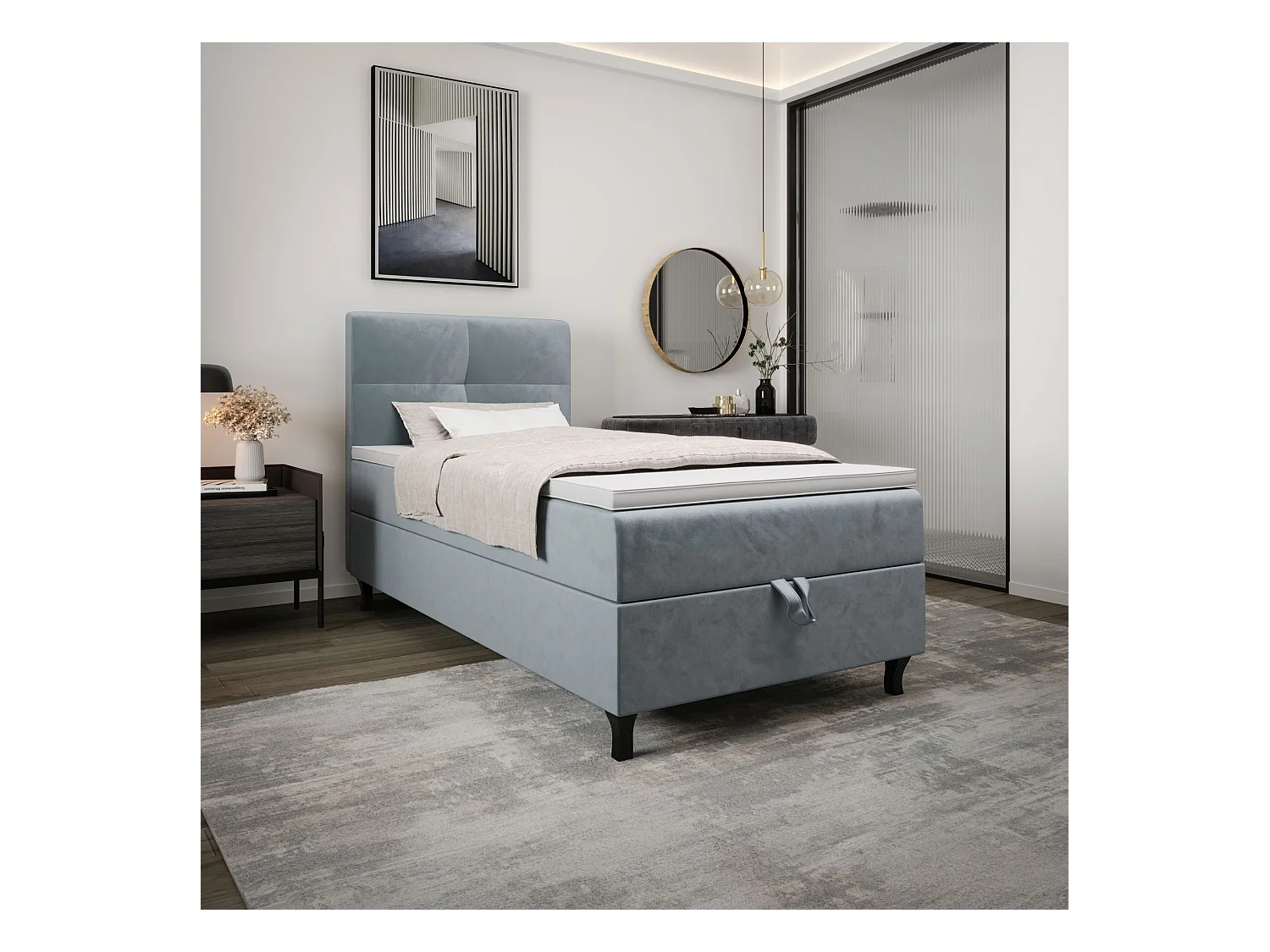 BEDANTE Boxspringbett LIMBA 80x200 Monolith 72 Blau Bett Bettkasten Einzellbett Hotelbett Topper Matratze Schlafzimmer Stauraum