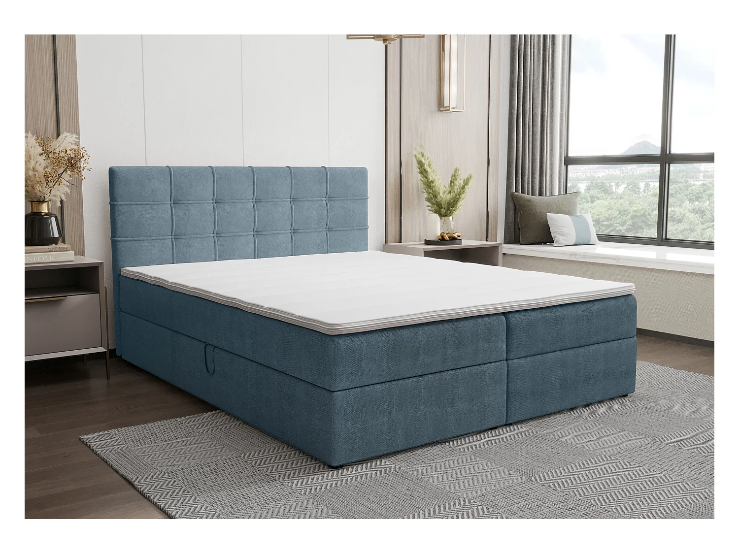 BEDANTE Lit boxspring KIDA 160x200 Curio 74 Bleu Lit Litkasten Lit double Lit d'hôtel Chambre à coucher Espace de rangement