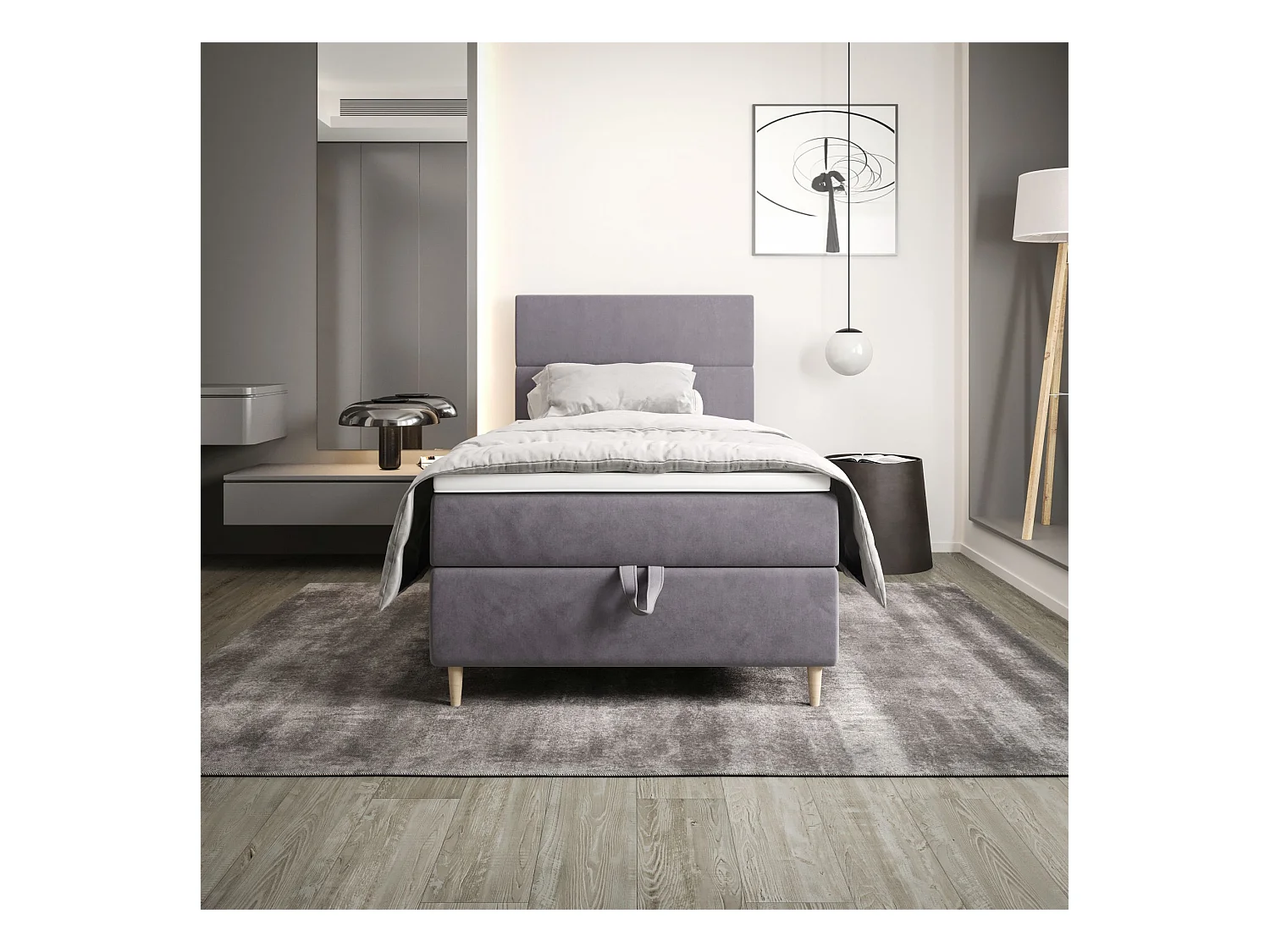BEDANTE Lit boxspring FLO 80x200 Itaka 50 Gris clair Lit Coffre Lit simple Lit d'hôtel Surmatelas Matelas Chambre Rangement